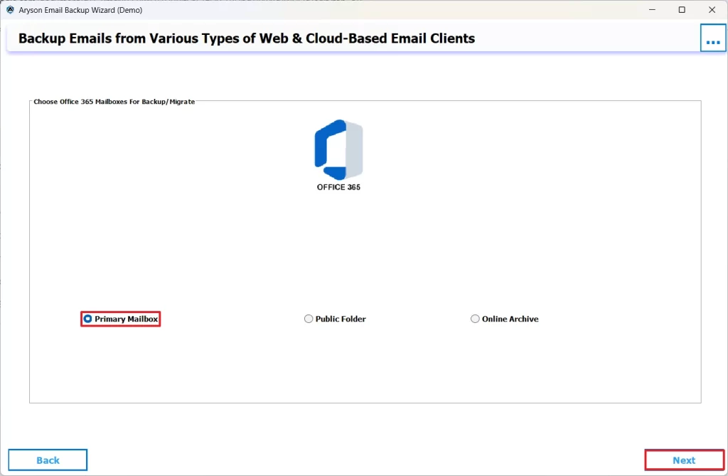 Select the displayed Office 365 Mailbox & click next.
