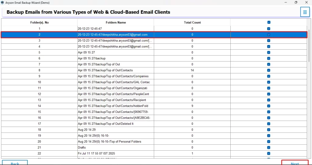 Select your desired files to export and click Next.