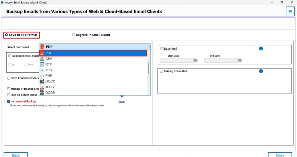 Click on the Save in File Format radio button and select the PDF option.