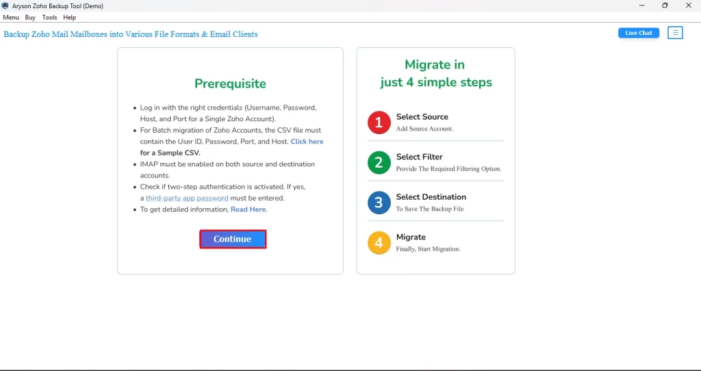 Open the Aryson Zoho Backup Tool.