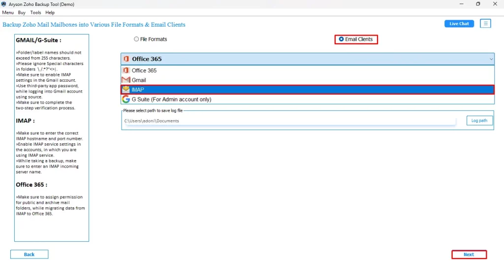 Select the email clients and then select IMAP >> Next.