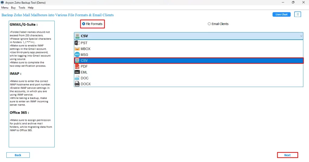 Select CSV and click Next.