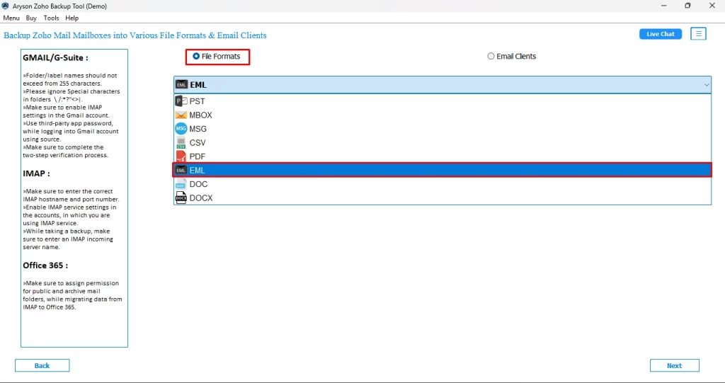 Select EML under the File Formats option.