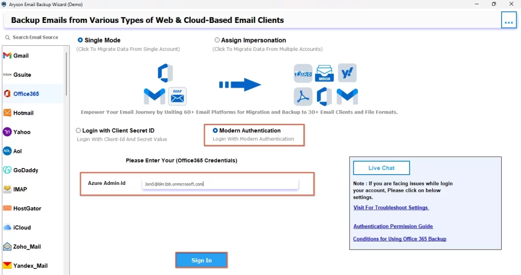 Open the Aryson Email Backup Wizard and sign in.