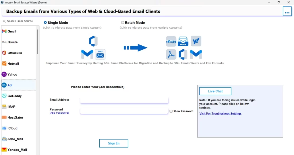 Start the Aryson Email Backup Wizard & pick AOL.