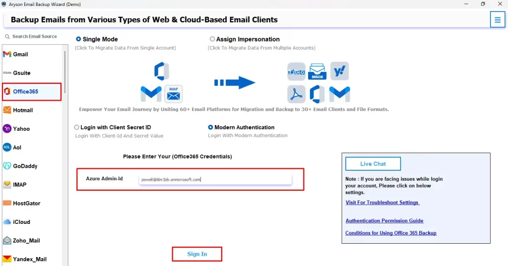 Run the Aryson Email Backup Wizard Software & enter your Office 365 credentials to sign in.