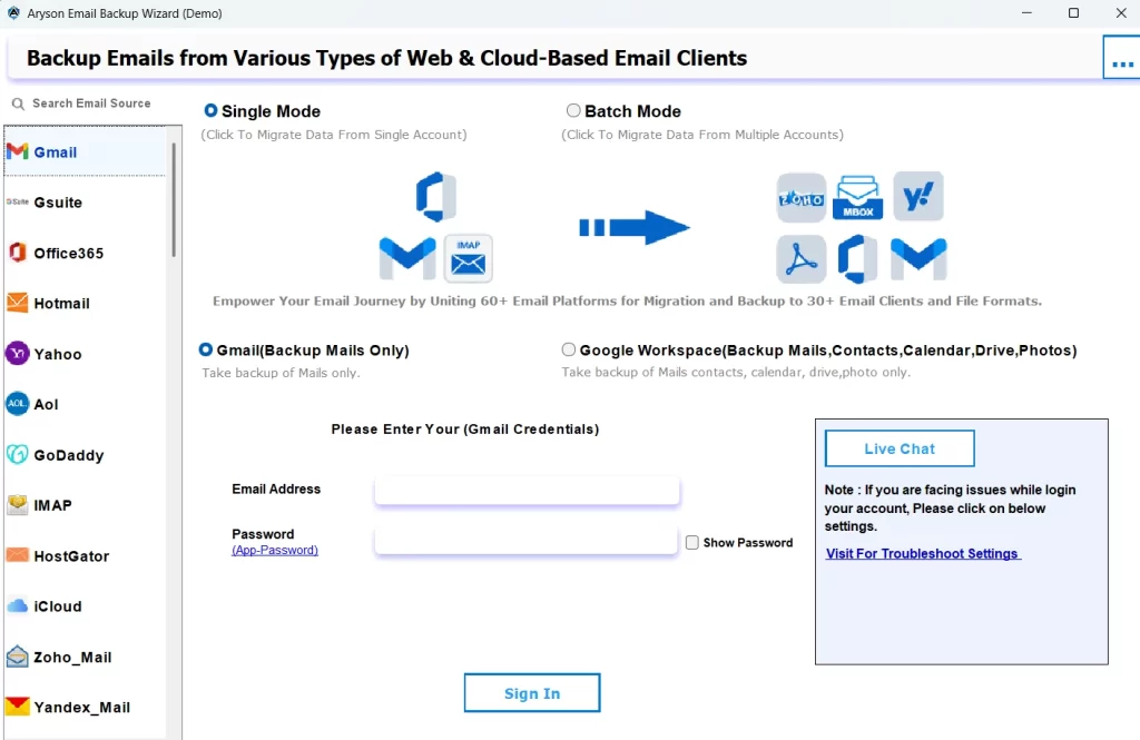 Install and run the Aryson Email Backup Wizard tool.