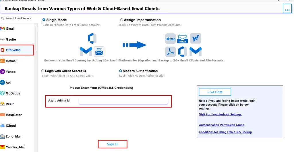 Run the Aryson Email Backup Wizard and log in.