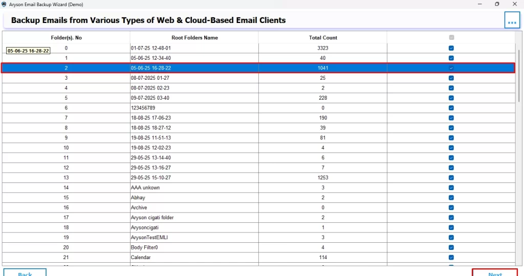 Preview the emails of the primary mailbox folder and select the email you want to export.