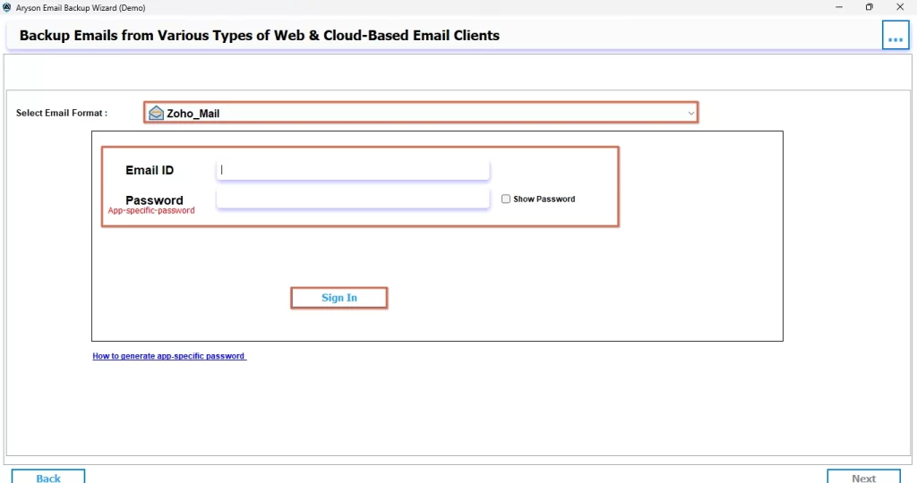 Choose Zoho Mail as the output email client and sign in.