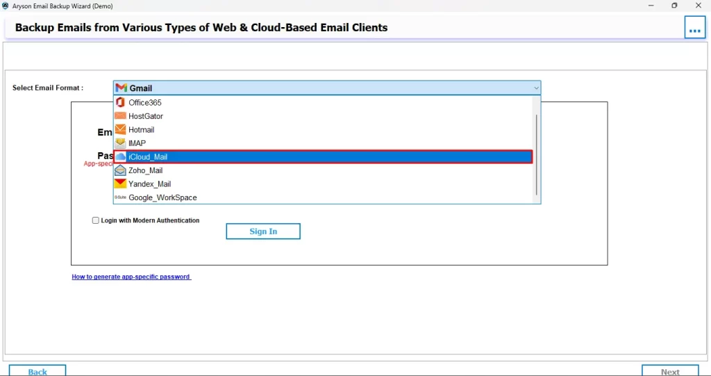 Select iCloud_Mail and sign in using your iCloud credentials.