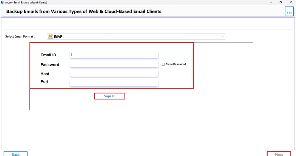 Under Select Email Format, choose IMAP and sign in with your IMAP credentials.
