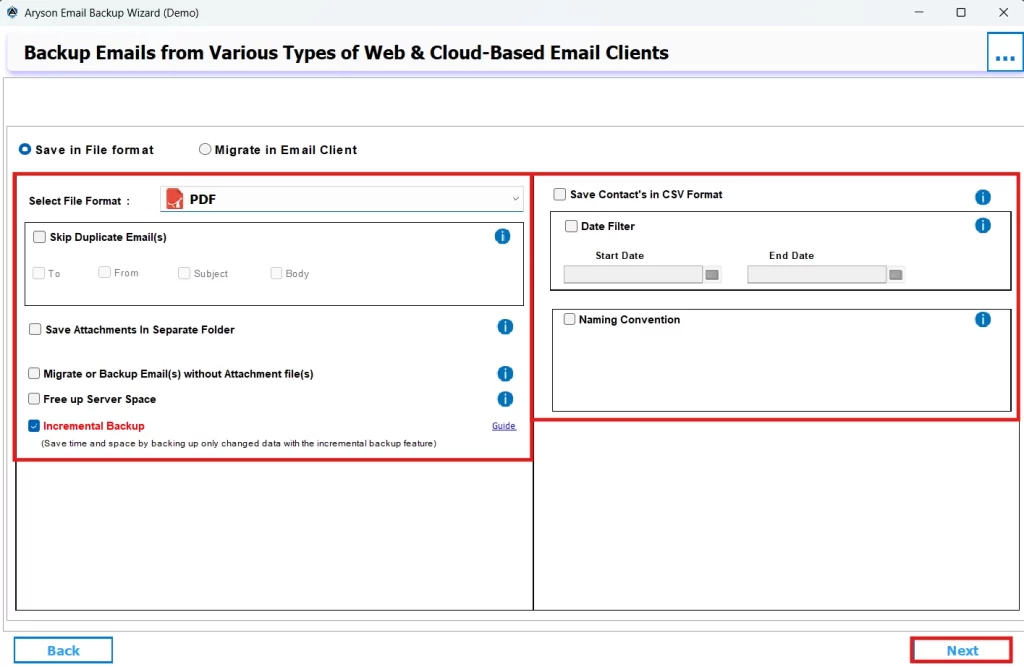 Use the advanced features as per your requirement, and finally, hit Next.