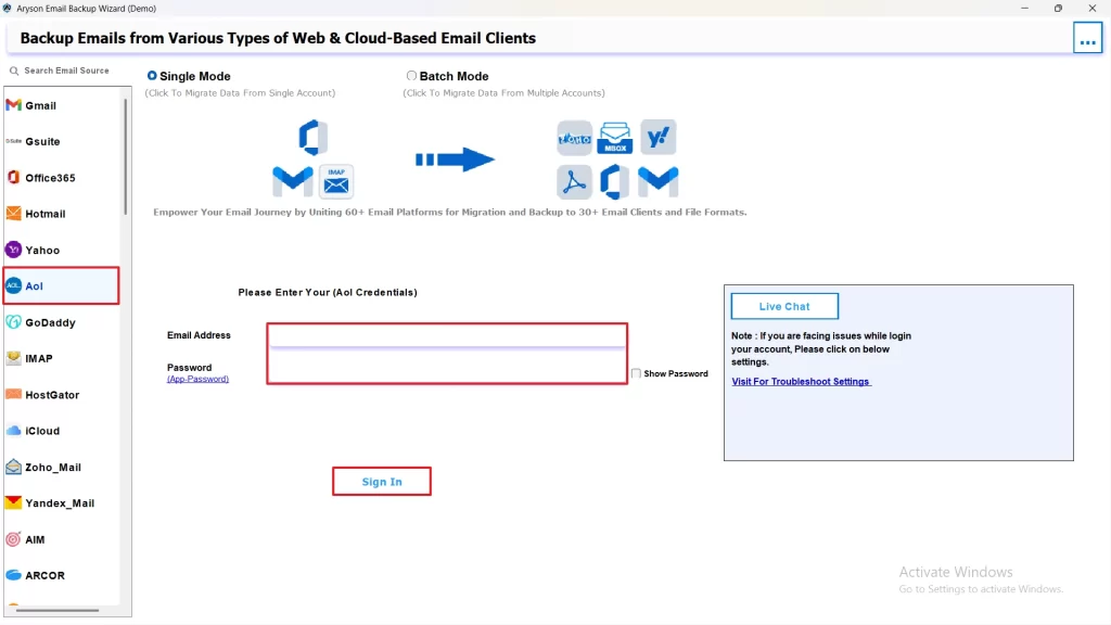 Select AOL as the source and sign in.