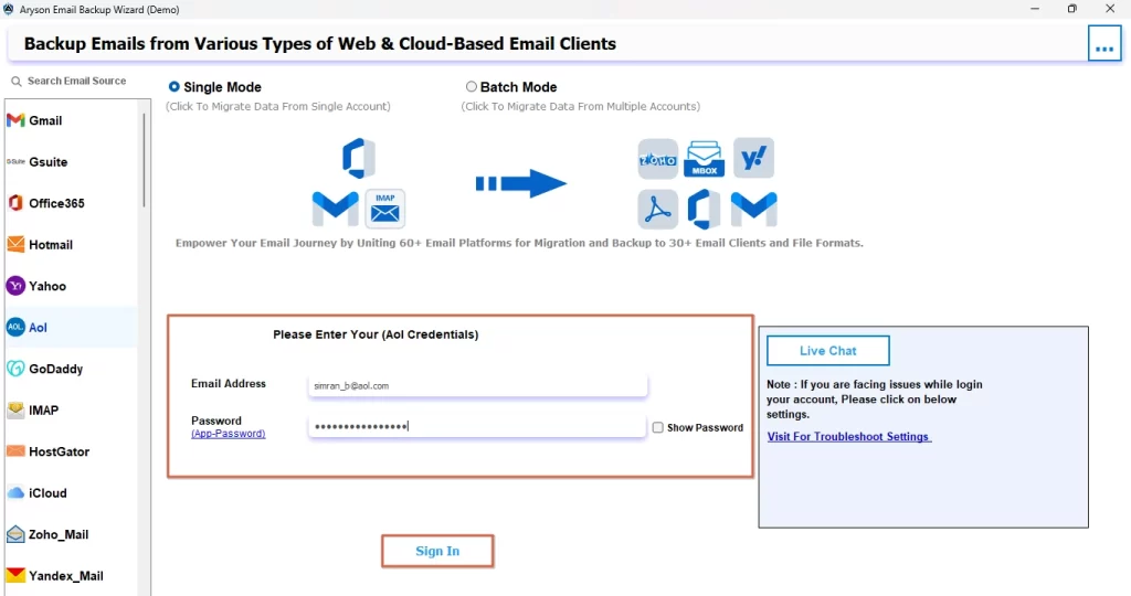 Input your valid AOL credentials and click the Sign In.