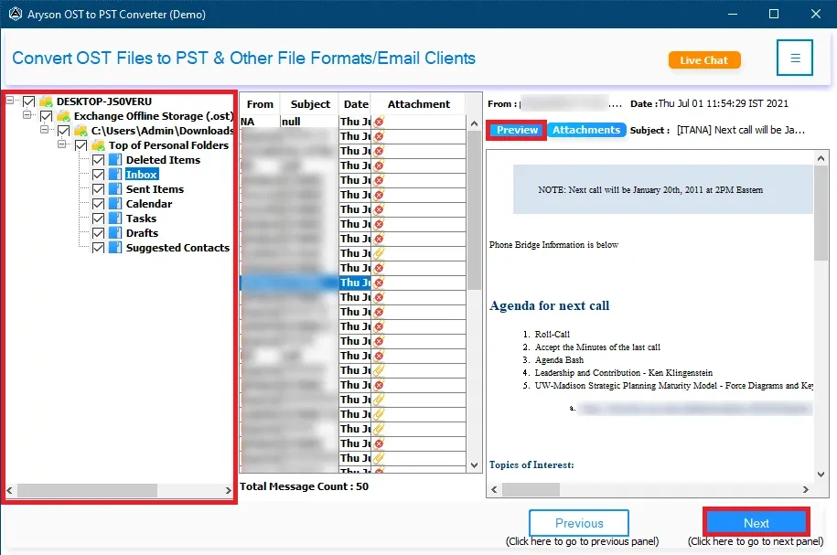 Preview all your mailbox items.