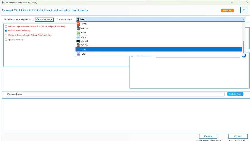 Select the vCard format.