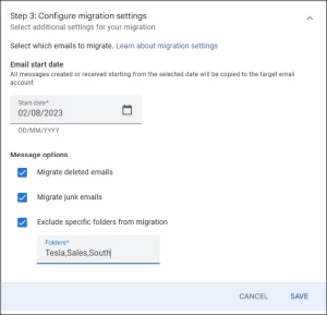 select the migration options (date range and labels).