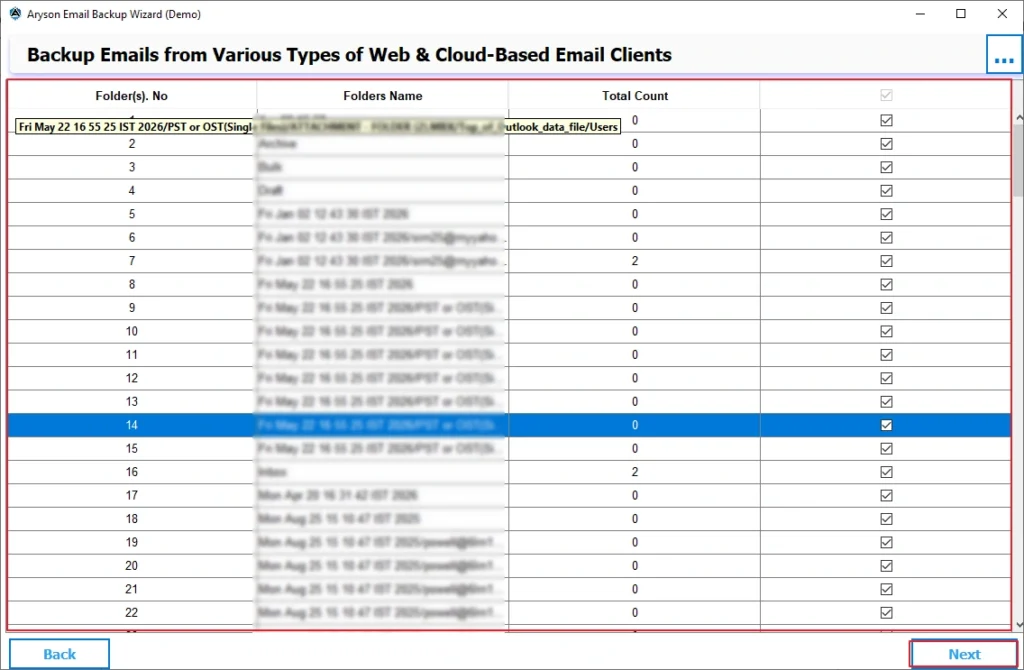 preview & select the mailbox folders